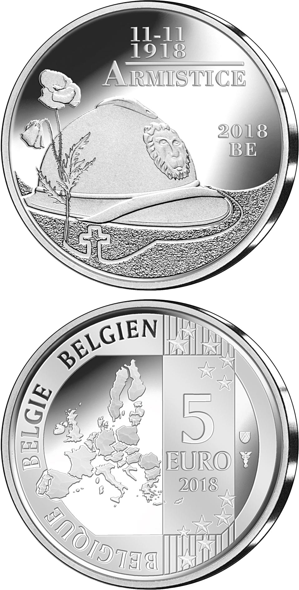 Image of 5 euro coin - 100 years of Armistice | Belgium 2018.  The Copper–Nickel (CuNi) coin is of BU quality.