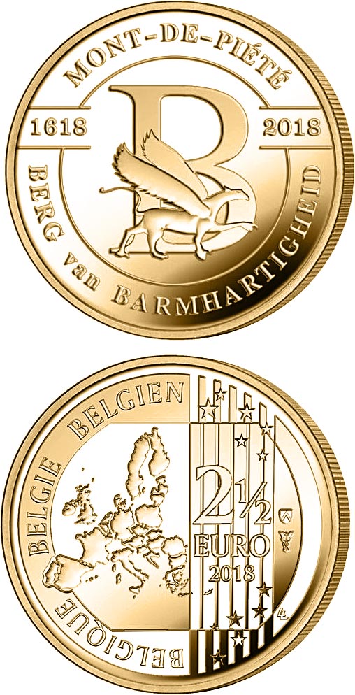 Image of 2.5 euro coin - 400 Years Mount of Piety | Belgium 2018.  The Brass coin is of BU quality.