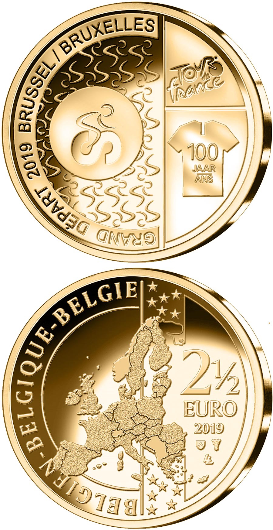 Image of 2.5 euro coin - Start of Tour de France in Brussels | Belgium 2019.  The Brass coin is of BU quality.