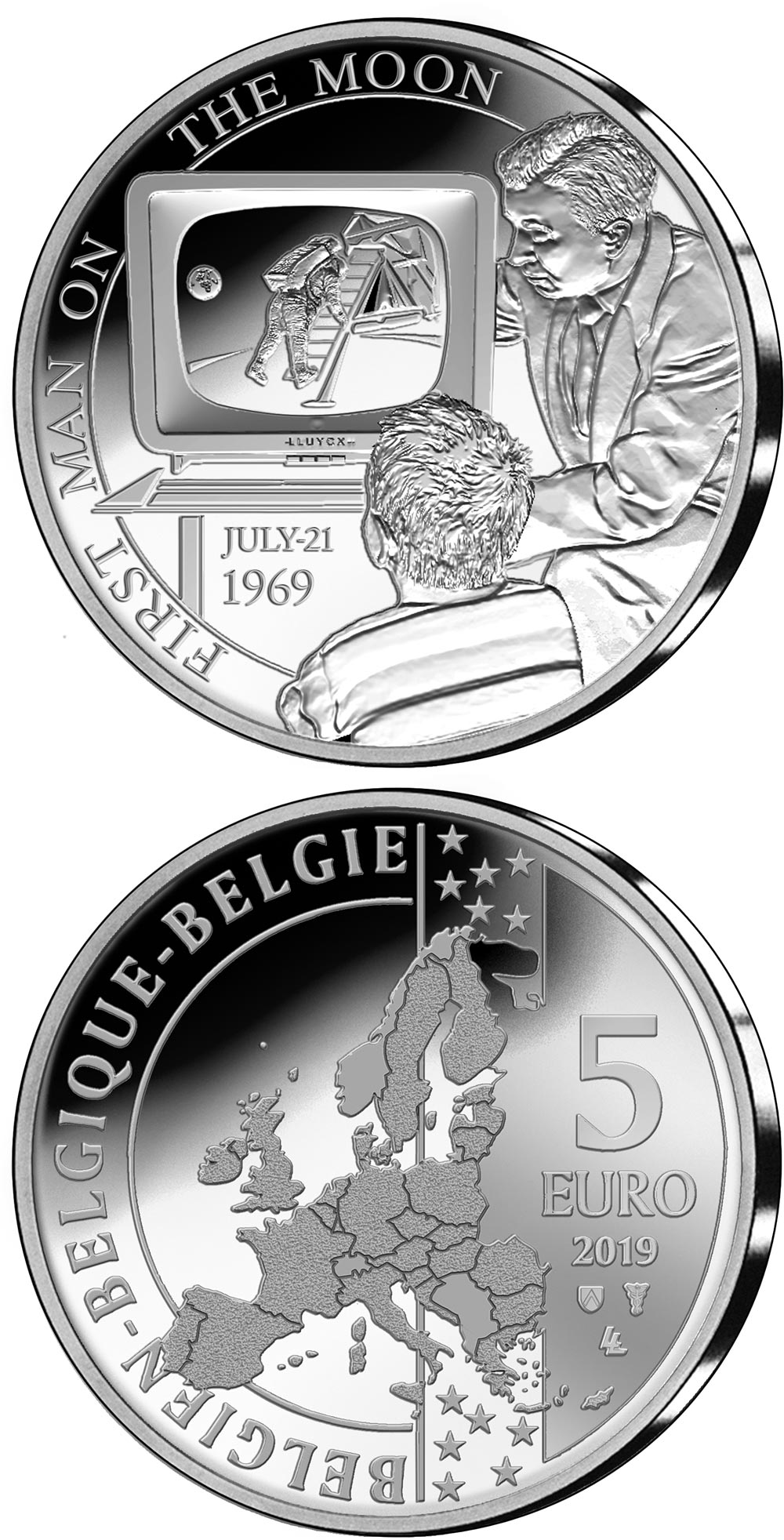 Image of 5 euro coin - 50th Anniversary of the Moon Landing | Belgium 2019.  The Silver coin is of Proof quality.