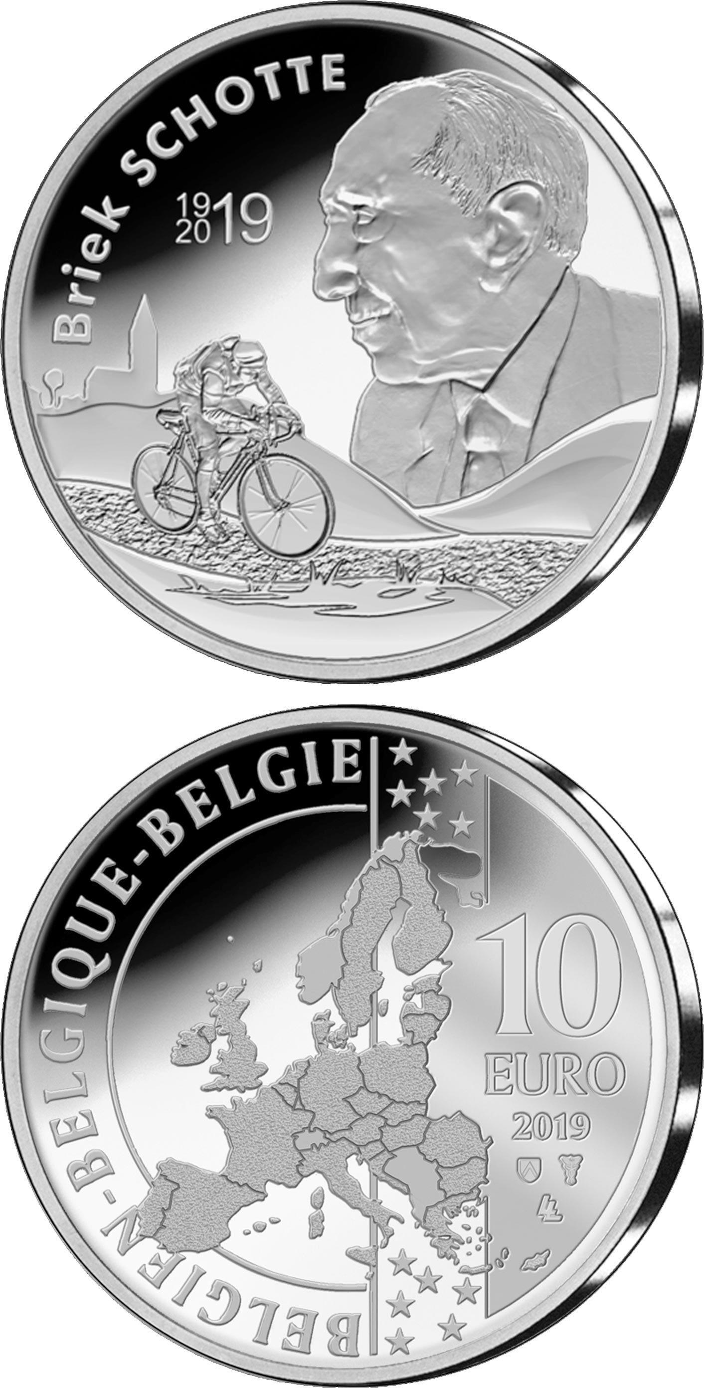Image of 10 euro coin - 100th anniversary of Briek Schotte’s birth | Belgium 2019.  The Silver coin is of Proof quality.