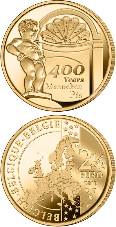 Image of 2.5 euro coin - Manneken Pis | Belgium 2019.  The Brass coin is of BU quality.