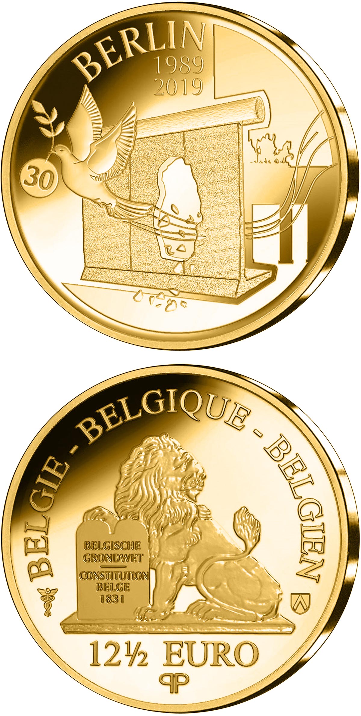 Image of 12.5 euro coin - 30 Years of Fall of the Berlin Wall | Belgium 2019.  The Gold coin is of Proof quality.