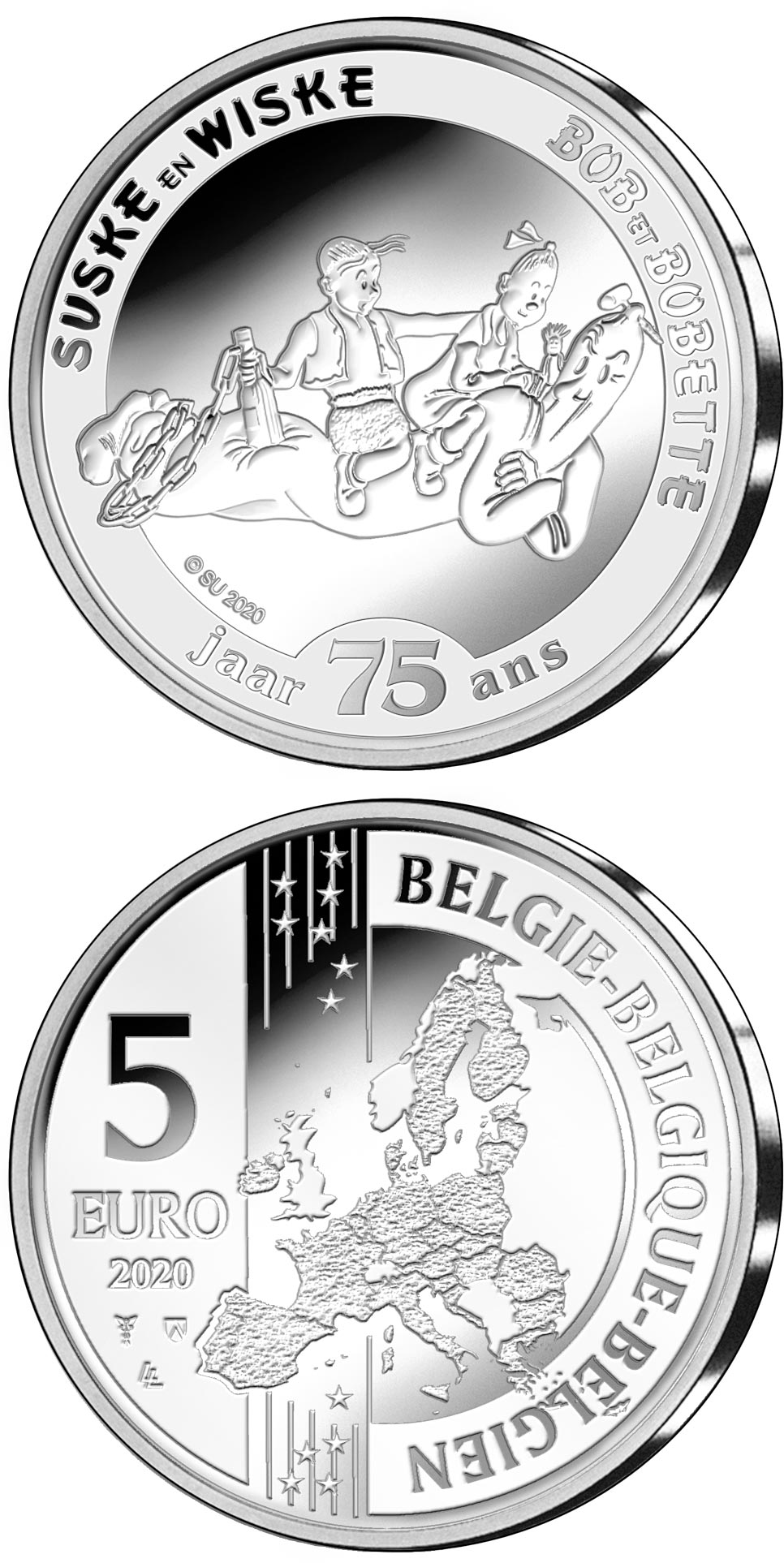 Image of 5 euro coin - 75 years Luke and Lucy | Belgium 2020.  The Copper–Nickel (CuNi) coin is of BU quality.