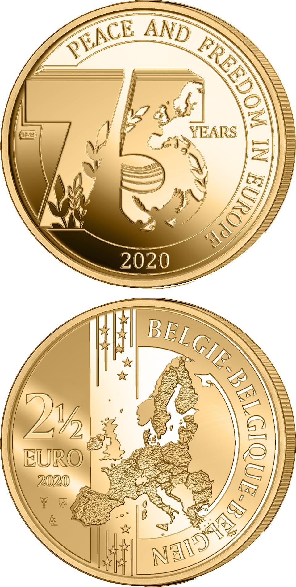 Image of 2.5 euro coin - 75 Years of Peace and Freedom in Europe | Belgium 2020.  The Brass coin is of BU quality.