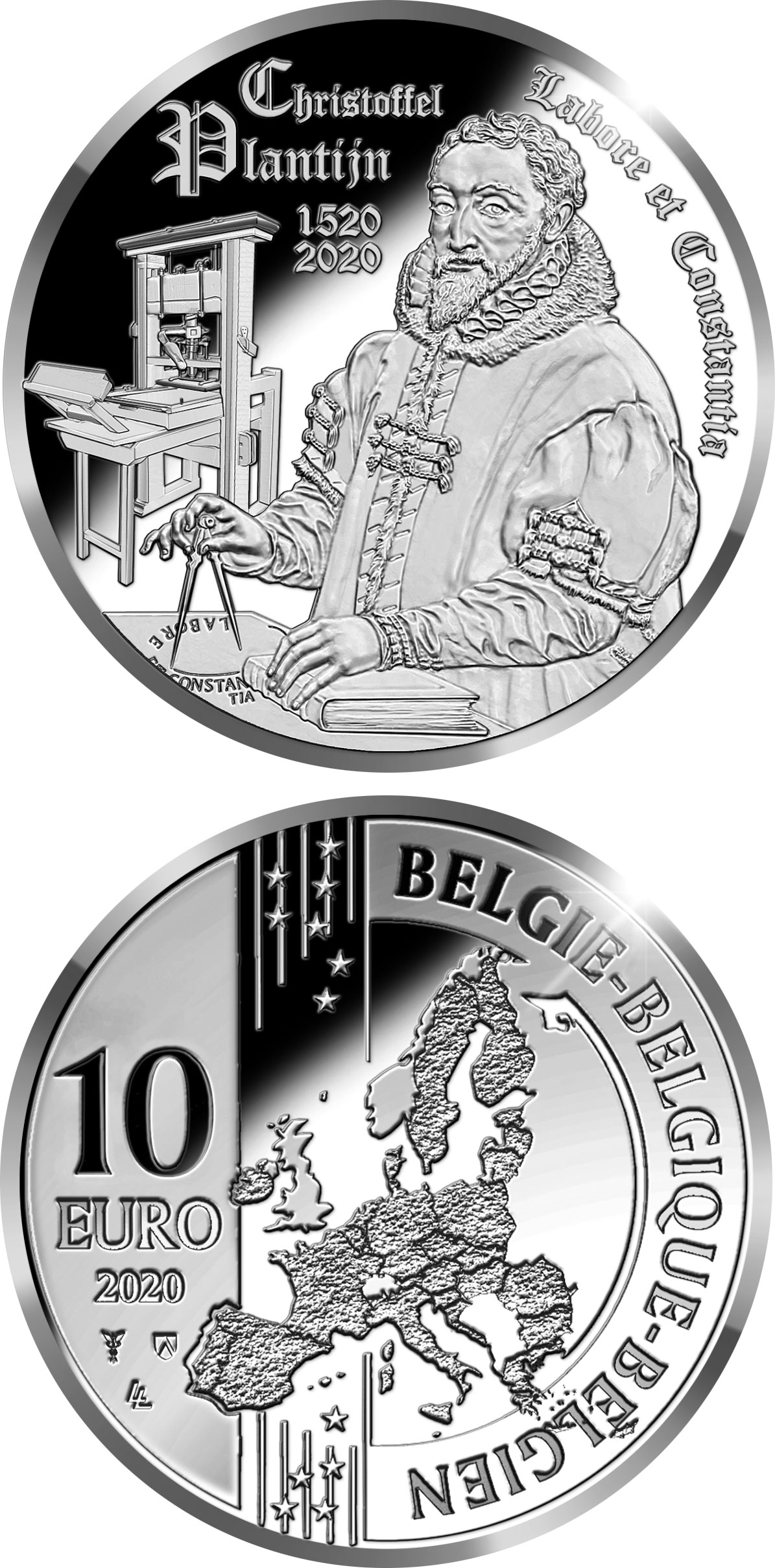 Image of 10 euro coin - 500th birthday Christoffel Plantijn | Belgium 2020.  The Silver coin is of Proof quality.