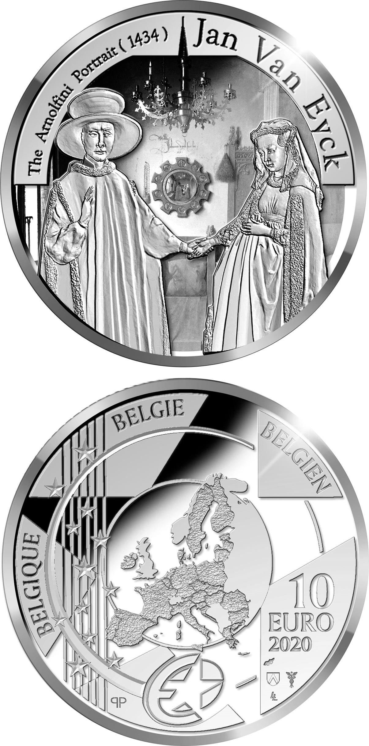 Image of 10 euro coin - Gothic - Jan van Eyck | Belgium 2020.  The Silver coin is of Proof quality.