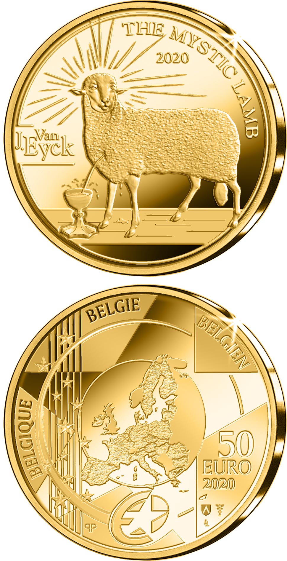 Image of 50 euro coin - Gothic - Jan van Eyck | Belgium 2020.  The Gold coin is of Proof quality.