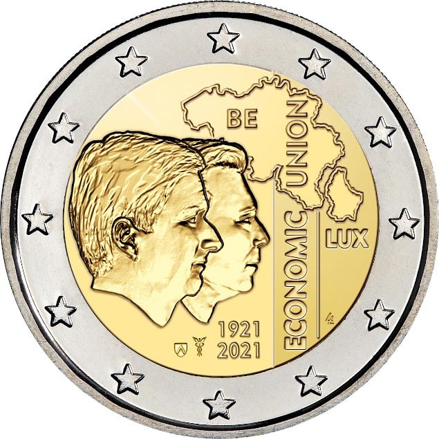 Image of 2 euro coin - 100 Years of Economic Union Belgium-Luxembourg (BLEU) | Belgium 2021