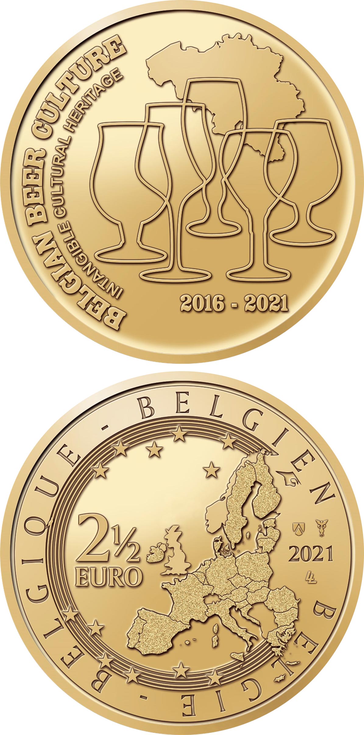 Image of 2.5 euro coin - 5 years Belgian beer culture intangible heritage | Belgium 2021.  The Brass coin is of BU quality.