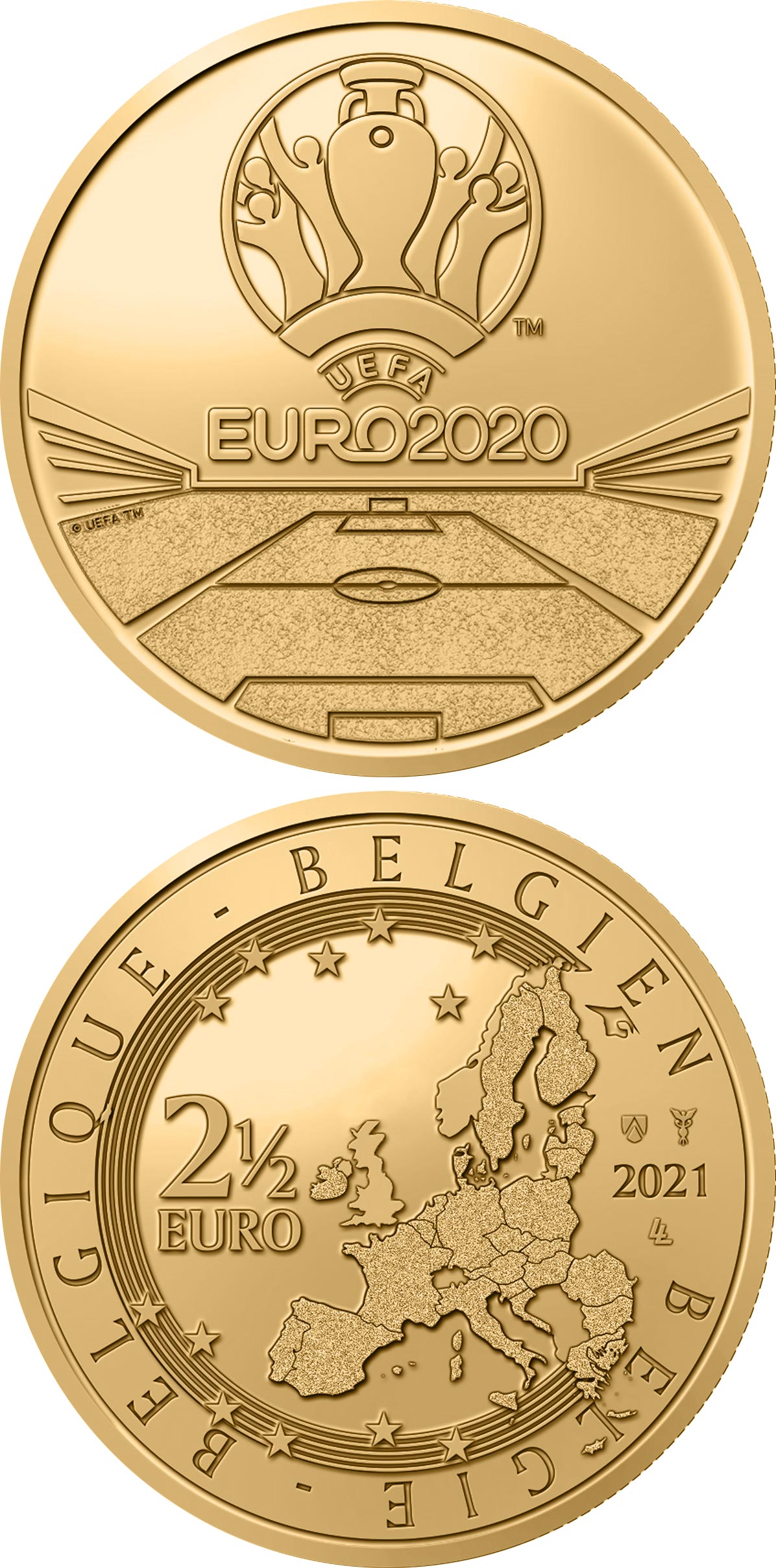 Image of 2.5 euro coin - UEFA EURO 2020 | Belgium 2021.  The Brass coin is of BU quality.