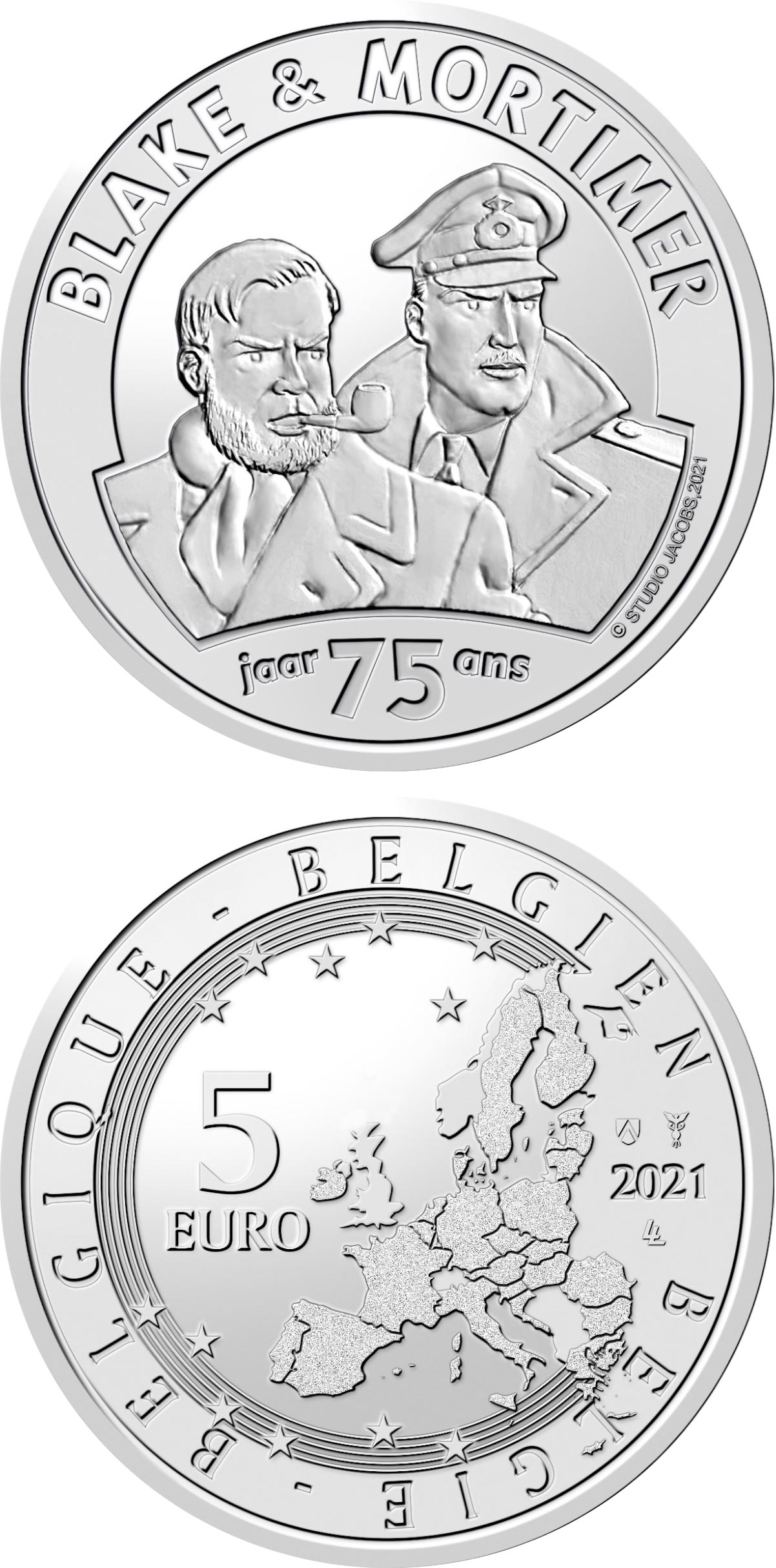 Image of 5 euro coin - 75 years Blake & Mortimer | Belgium 2021.  The Copper–Nickel (CuNi) coin is of BU quality.
