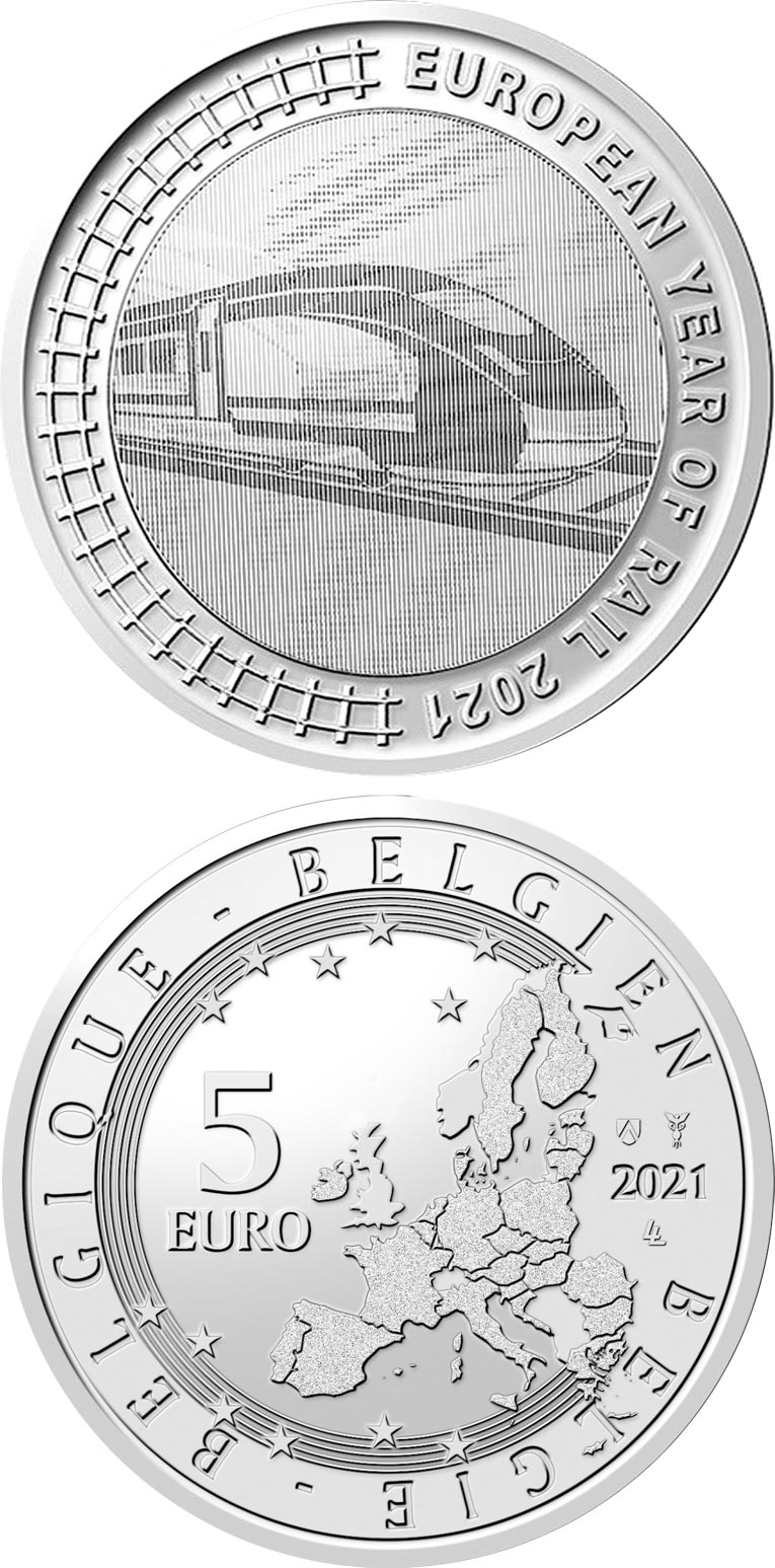 Image of 5 euro coin - European Year of Railways 2021 | Belgium 2021.  The Copper–Nickel (CuNi) coin is of BU quality.