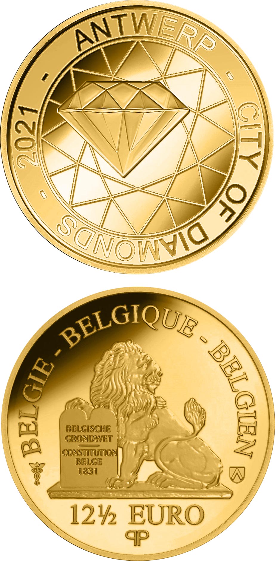 Image of 12.5 euro coin - Antwerp Diamond City | Belgium 2021.  The Gold coin is of Proof quality.
