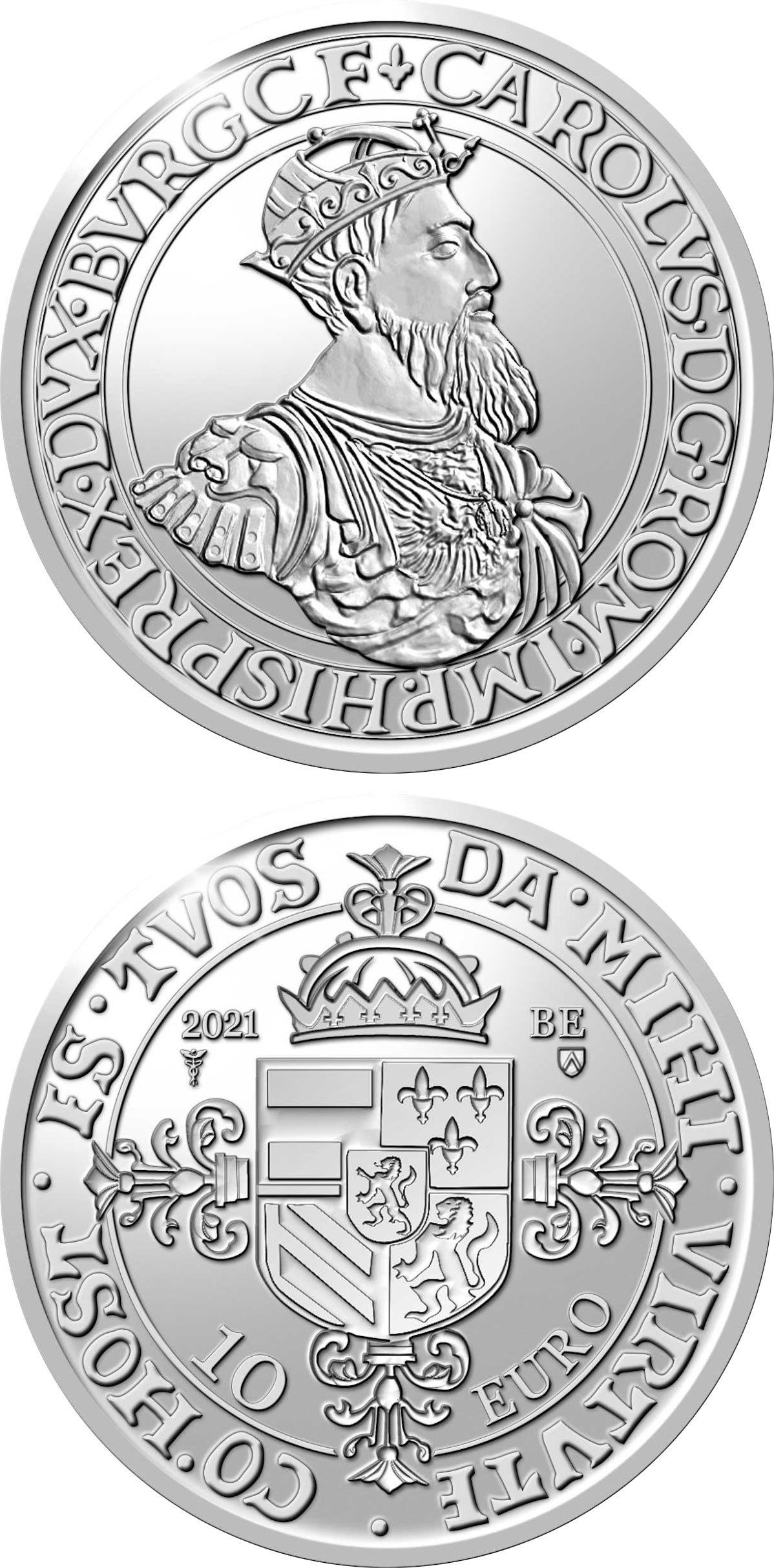 Image of 10 euro coin - 500 years silver Carolus V coins | Belgium 2021.  The Silver coin is of Proof quality.