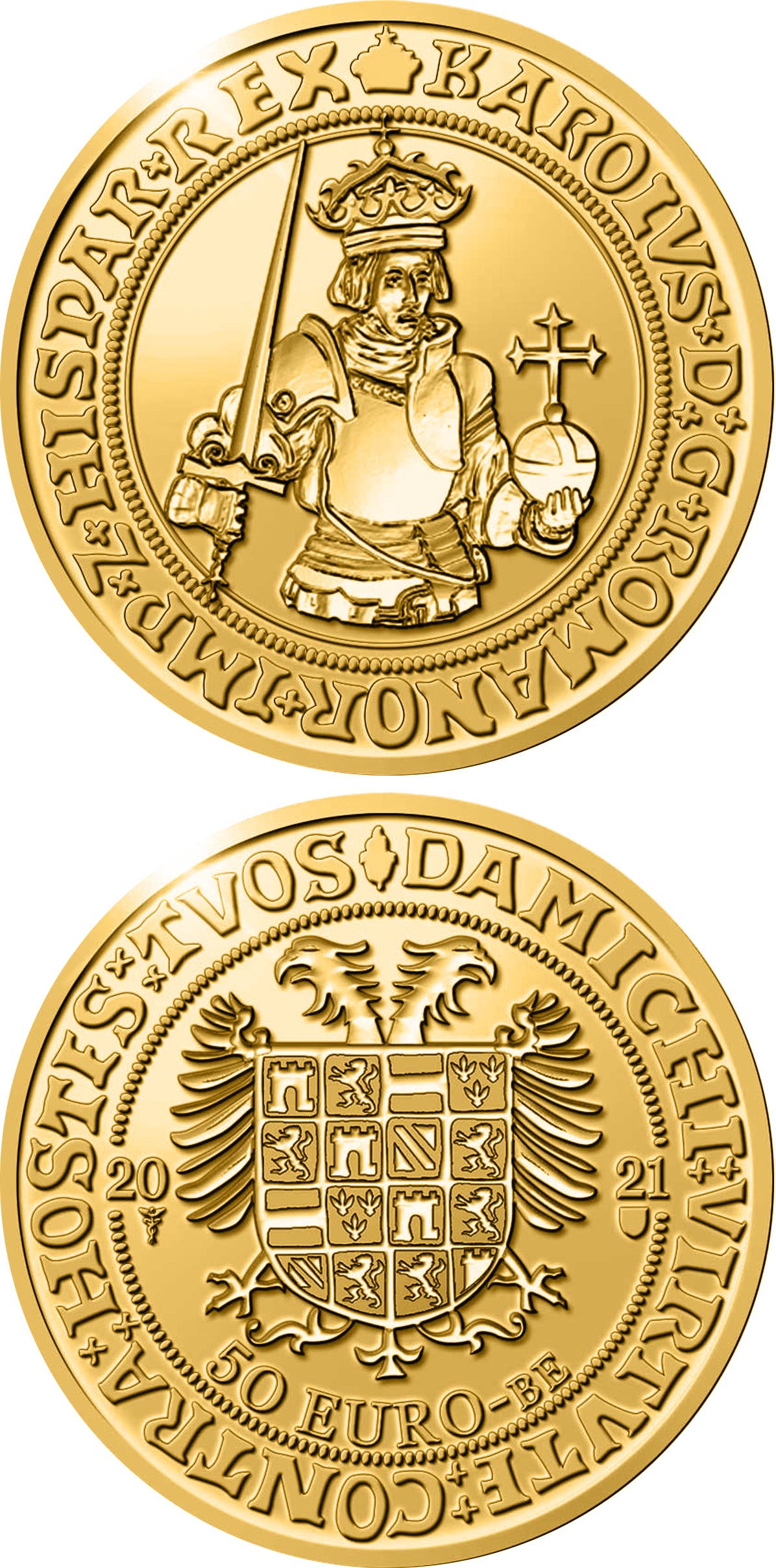 Image of 50 euro coin - 500 years golden Carolus V coins | Belgium 2021.  The Gold coin is of Proof quality.