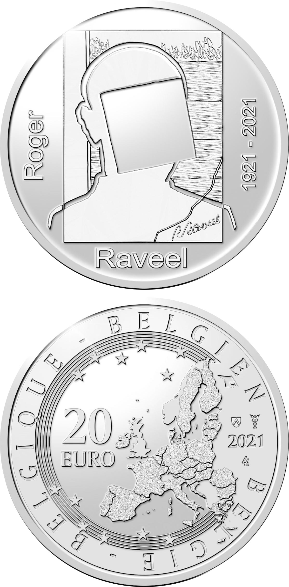 Image of 20 euro coin - 100th Birth Anniversary of Roger Raveel | Belgium 2021.  The Silver coin is of Proof quality.