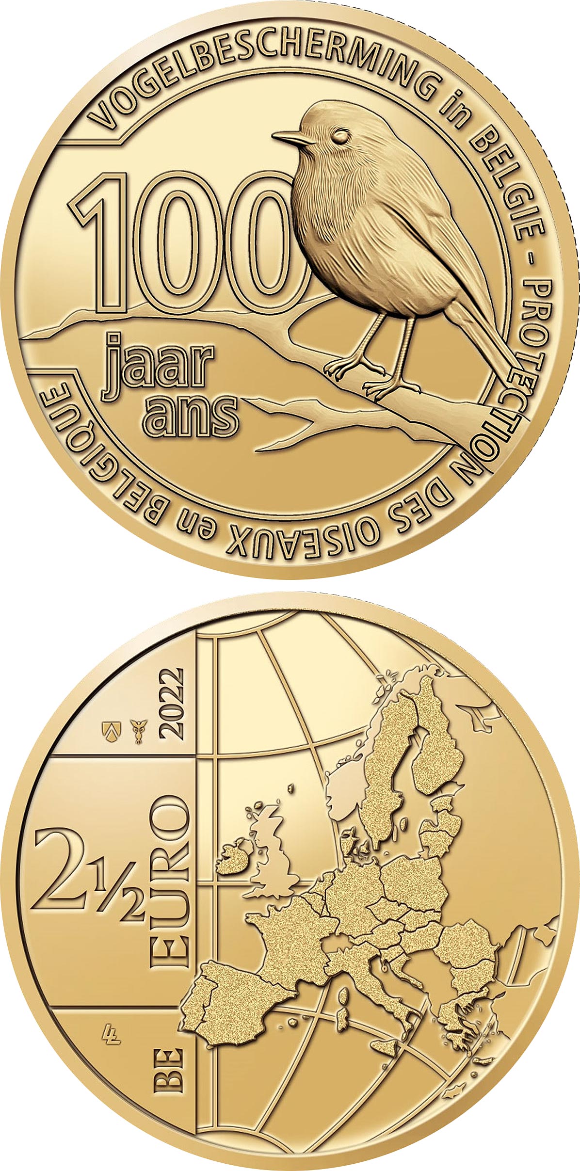 Image of 2.5 euro coin - 100 Years of Bird Protection in Belgium | Belgium 2022.  The Brass coin is of BU quality.