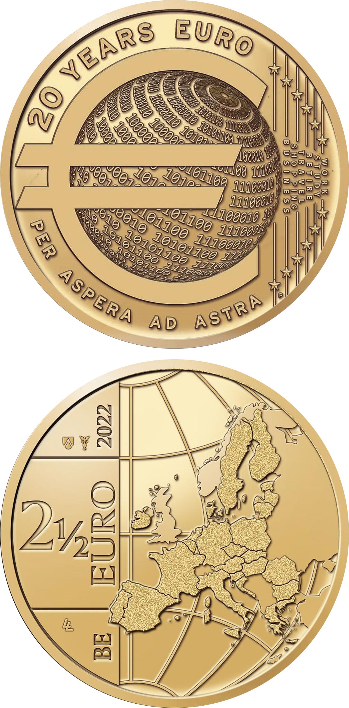 Image of 2.5 euro coin - 20 Years of Euro Coin | Belgium 2022.  The Brass coin is of BU quality.