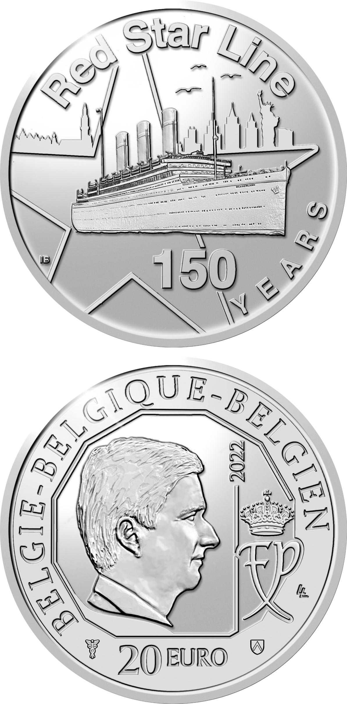 Image of 20 euro coin - 150 Years of Red Star Line | Belgium 2022.  The Silver coin is of Proof quality.