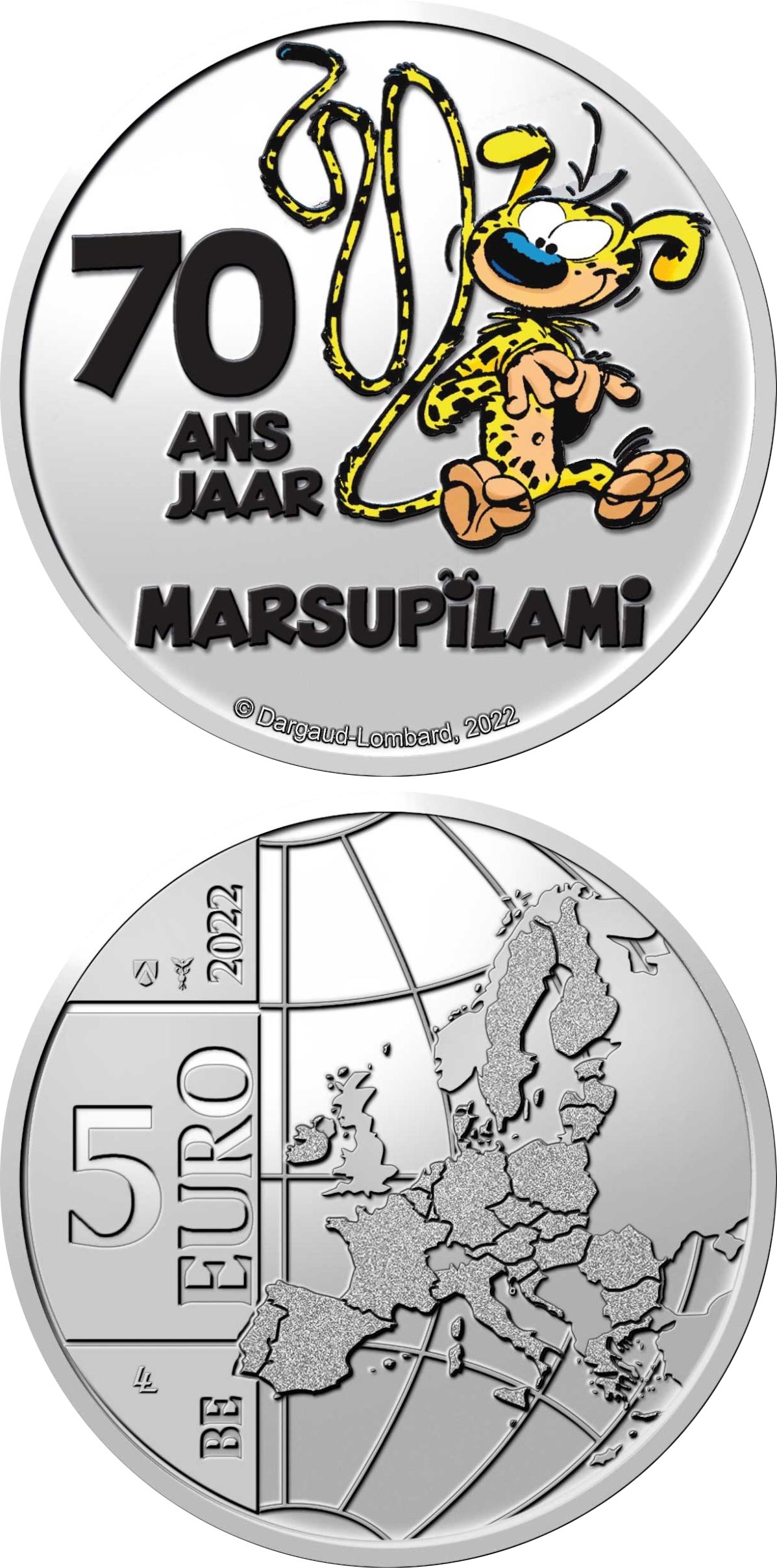Image of 5 euro coin - 70 years Marsupilami | Belgium 2022.  The Copper–Nickel (CuNi) coin is of BU quality.