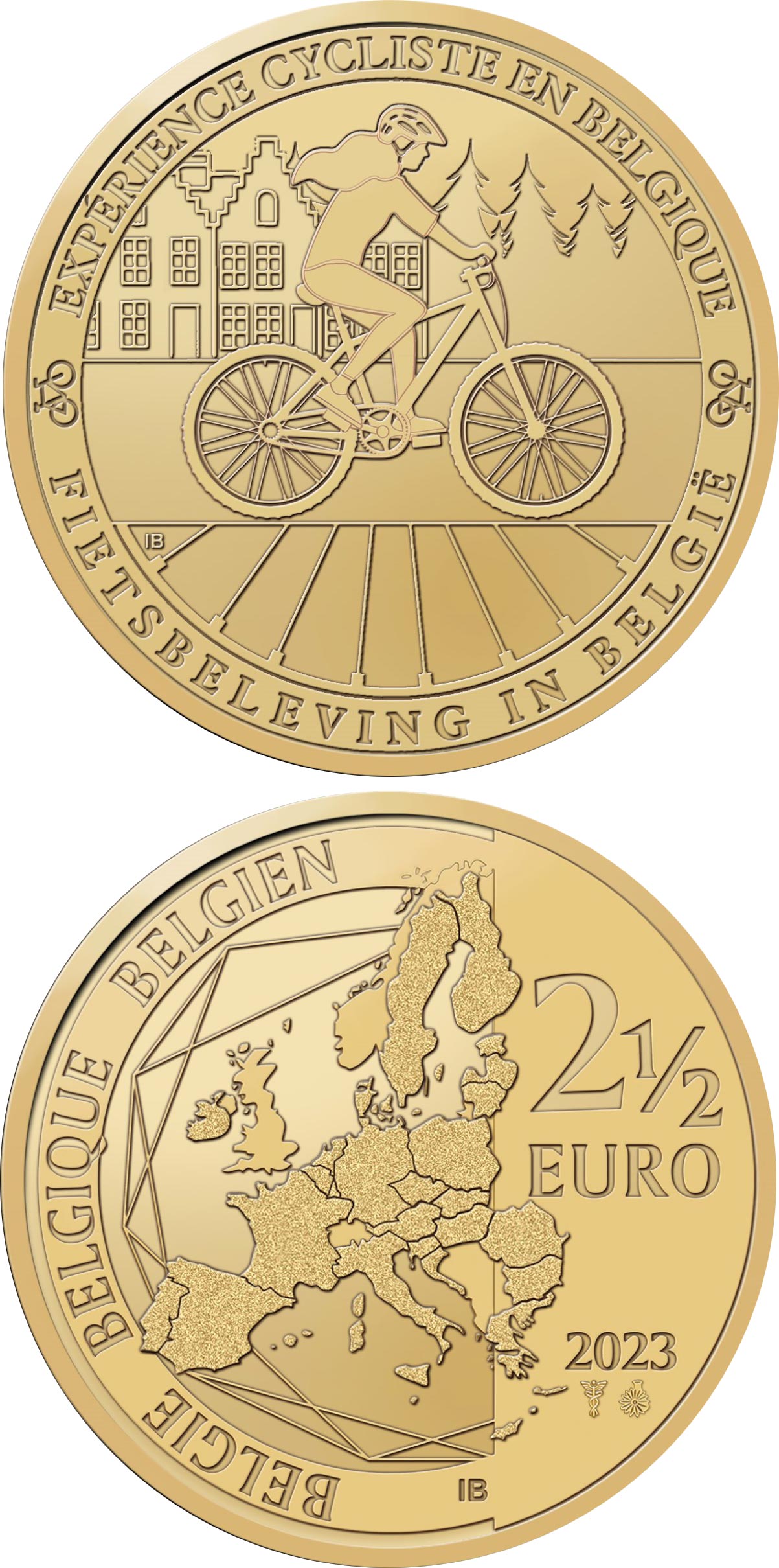 Image of 2.5 euro coin - Cycling experience in Belgium | Belgium 2023.  The Brass coin is of BU quality.