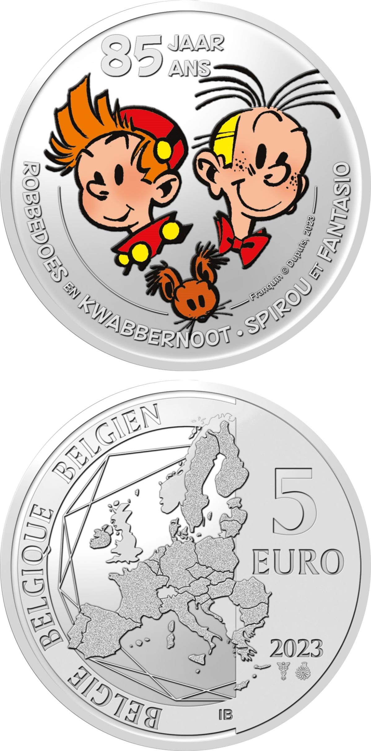 Image of 5 euro coin - 85 years Spirou and Fantasio | Belgium 2023.  The Copper–Nickel (CuNi) coin is of BU quality.