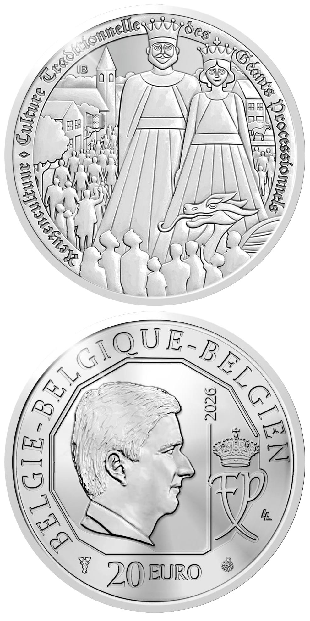 Image of 20 euro coin - Giant Culture in Belgium | Belgium 2025.  The Silver coin is of Proof quality.