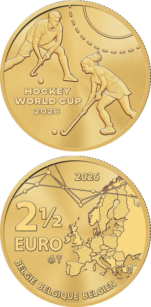 Image of 2.5 euro coin - Hockey World Cup in Belgium and the Netherlands | Belgium 2026.  The Brass coin is of BU quality.