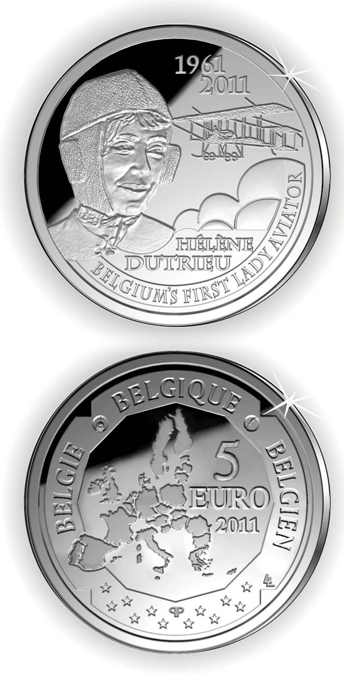 Image of 5 euro coin - Hélène Dutrieu  | Belgium 2011.  The Silver coin is of Proof quality.