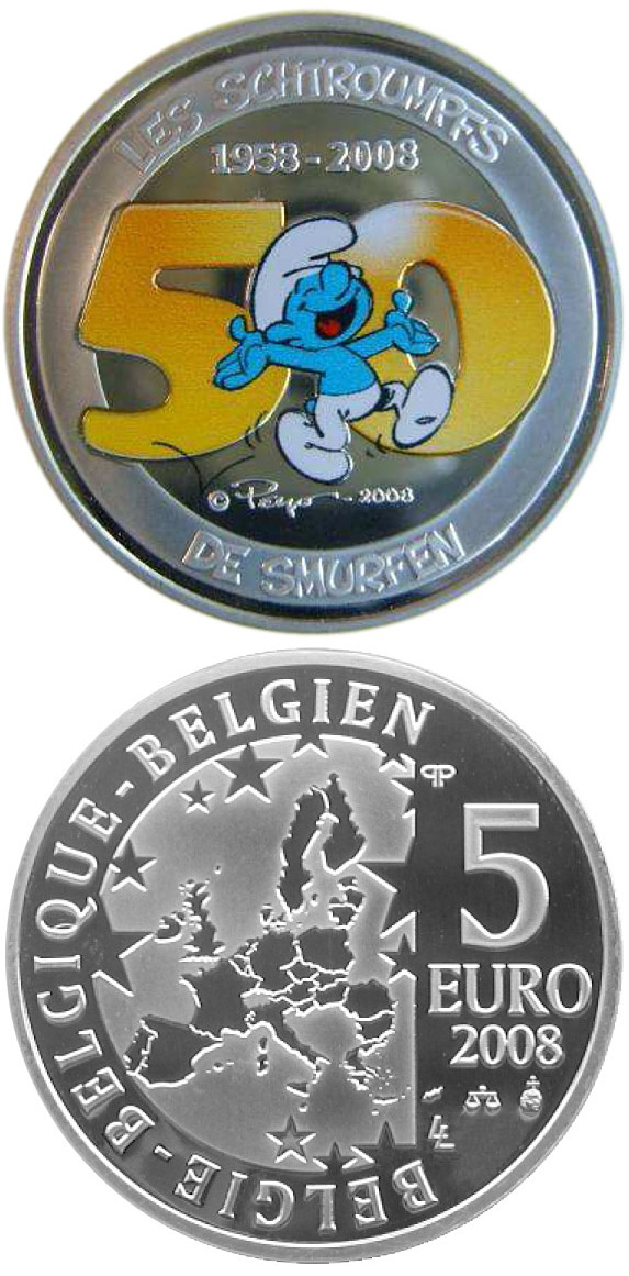 Image of 5 euro coin - The Smurfs - 50th Anniversary (colored)  | Belgium 2008.  The Silver coin is of Proof quality.