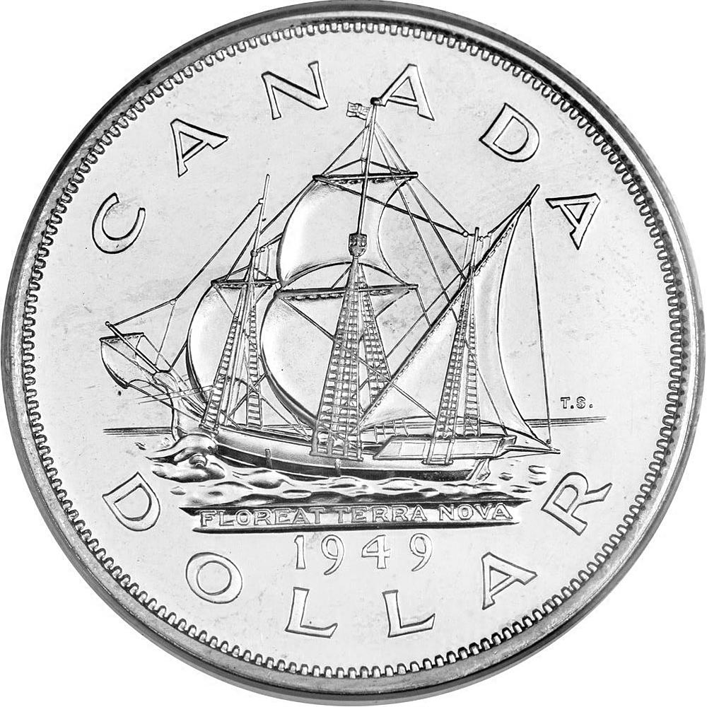 Image of 1 dollar coin - Newfoundland's accession to Canada | Canada 1949.  The Gold coin is of UNC quality.