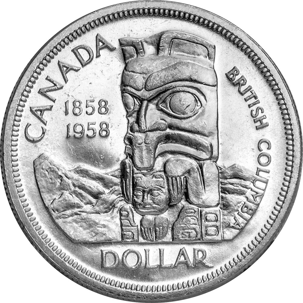 Image of 1 dollar coin - The founding of British Columbia | Canada 1958.  The Gold coin is of UNC quality.