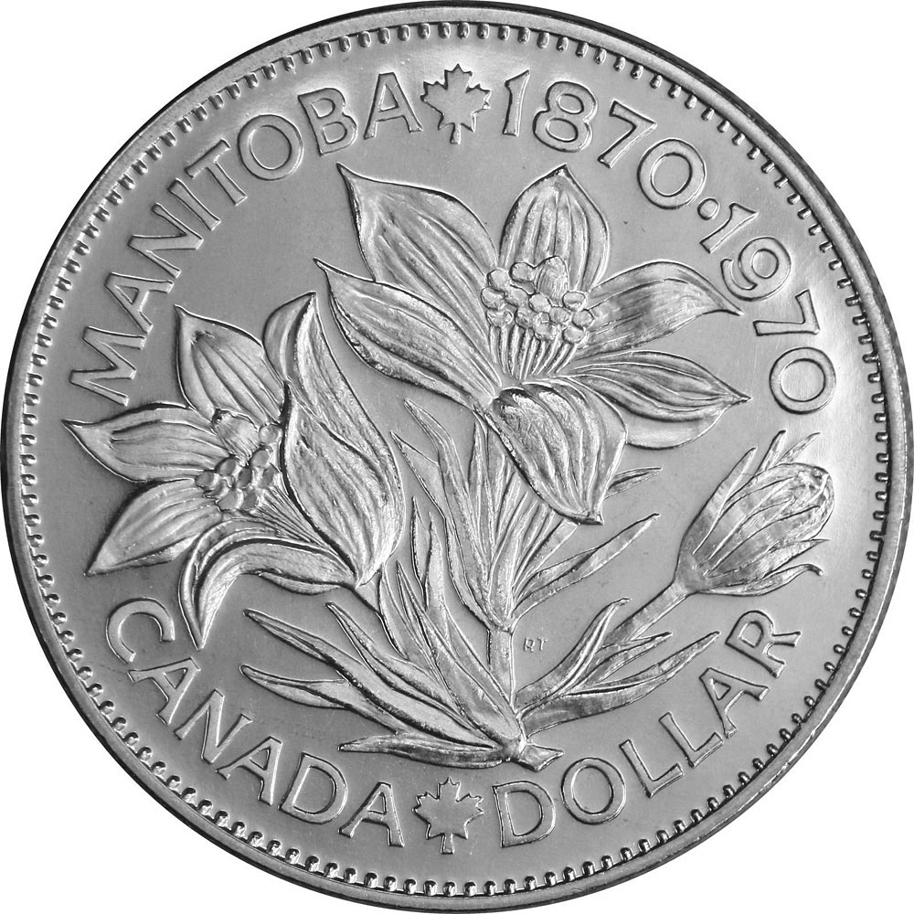 Image of 1 dollar coin - Manitoba's centennial | Canada 1970.  The Nickel coin is of UNC quality.
