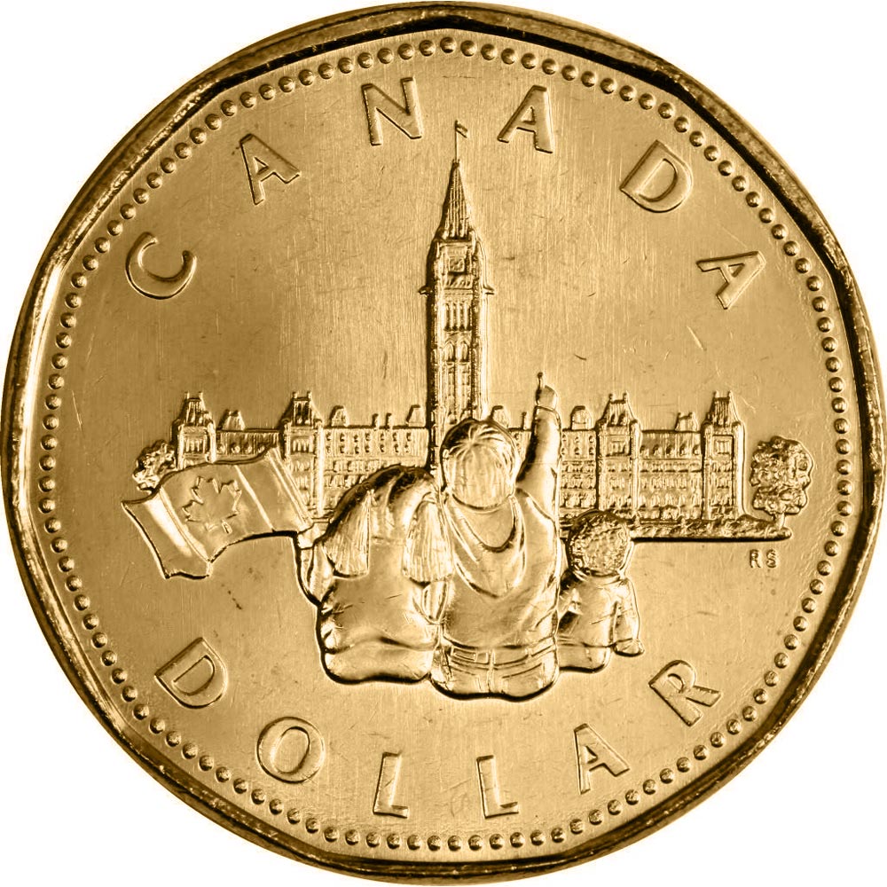 Image of 1 dollar coin - The 125th Anniversary of Confederation | Canada 1992.  The Nickel, bronze plating coin is of UNC quality.