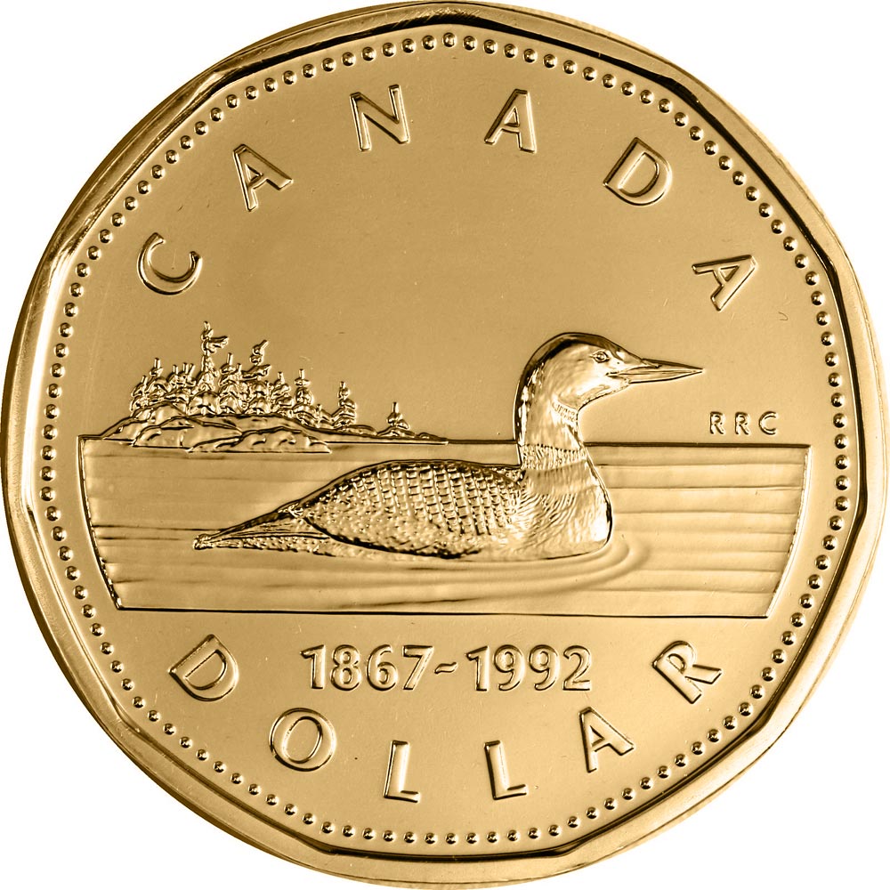Image of 1 dollar coin - The 125th Anniversary of Confederation | Canada 1992.  The Nickel, bronze plating coin is of UNC quality.