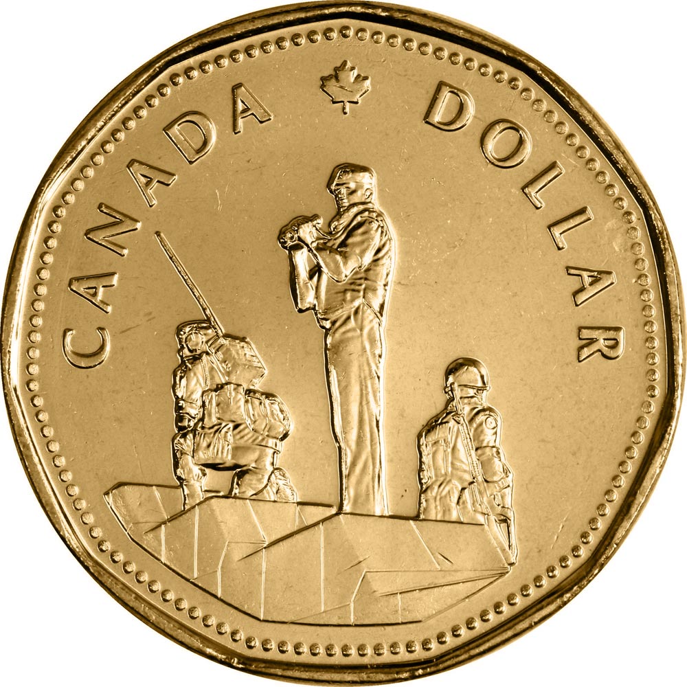 Image of 1 dollar coin - The Peacekeeping coin | Canada 1995.  The Nickel, bronze plating coin is of UNC quality.
