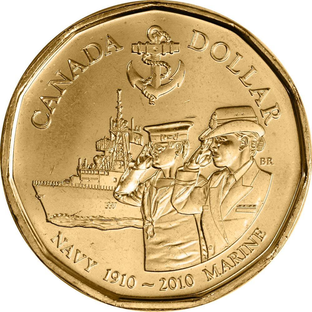 Image of 1 dollar coin - Navy Marine 2010 | Canada 2010.  The Nickel, bronze plating coin is of UNC quality.