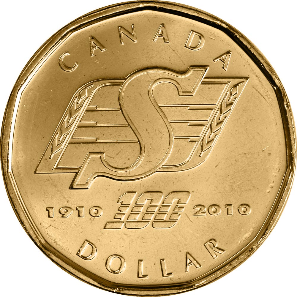 Image of 1 dollar coin - 100th anniversary of the Saskatchewan Roughriders | Canada 2010.  The Nickel, bronze plating coin is of UNC quality.
