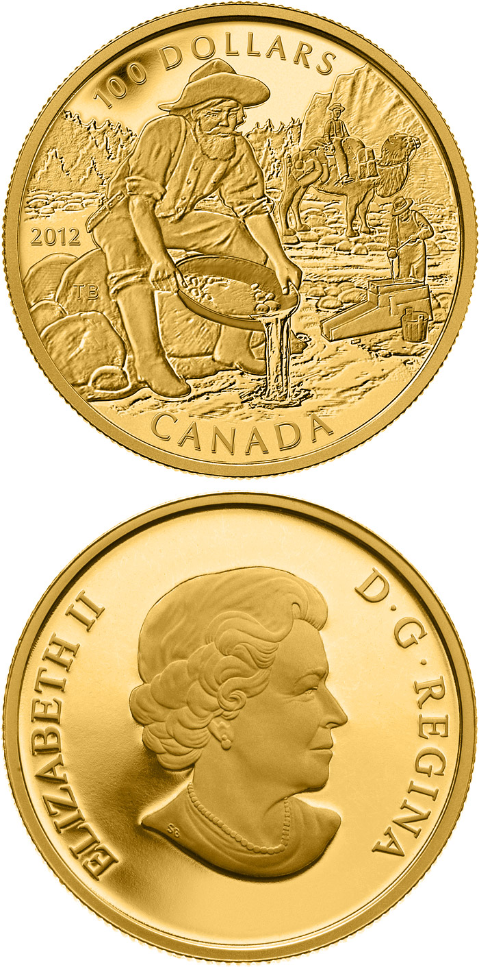 Image of 100 dollars coin - 150th Anniversary of the Cariboo Gold Rush  | Canada 2012.  The Gold coin is of Proof quality.