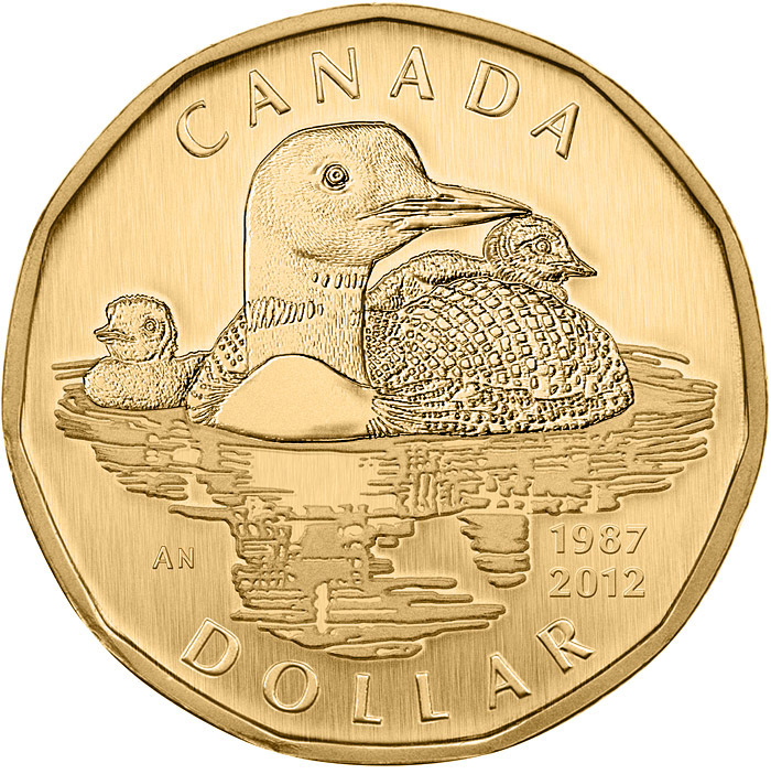 Image of 1 dollar coin - Specimen Set - 25th Anniversary of the Loonie | Canada 2012.  The Nickel, bronze plating coin is of BU quality.