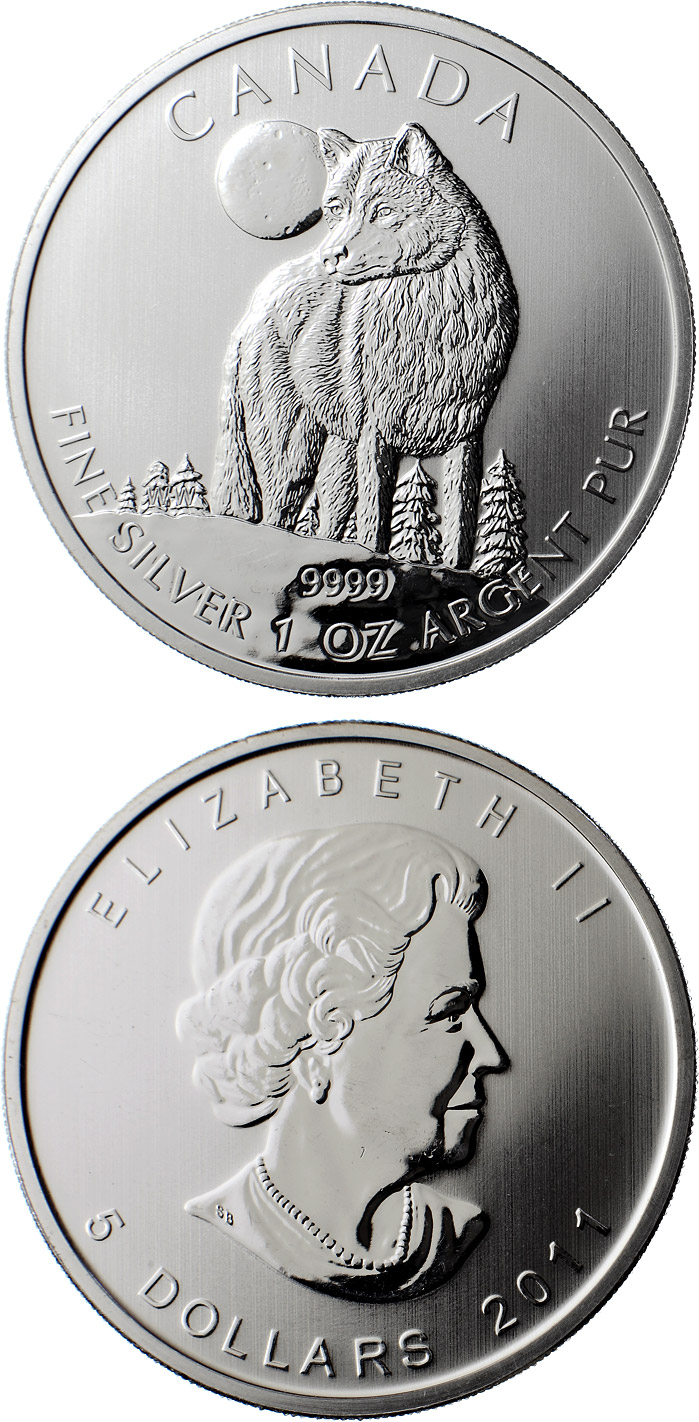 Image of 5 dollars coin - The Wolf | Canada 2011.  The Silver coin is of BU quality.