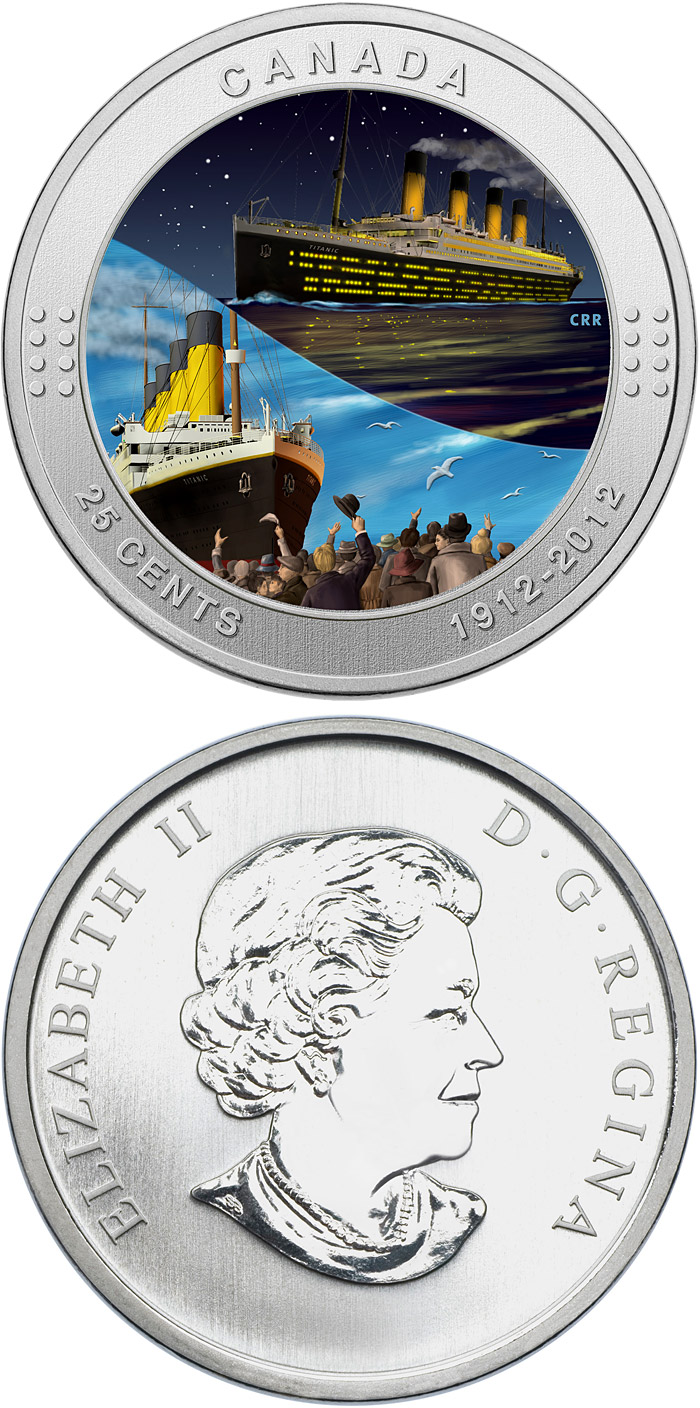 Image of 25 cents coin - 100th Anniversary of the Sinking of the RMS Titanic | Canada 2012.  The Copper–Nickel (CuNi) coin is of BU quality.