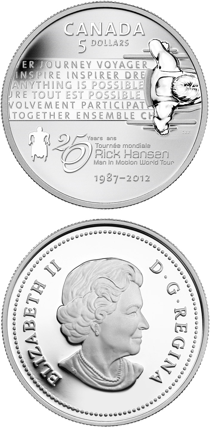 Image of 5 dollars coin - 25th anniversary of the Rick Hansen Man-In-Motion Tour | Canada 2012.  The Silver coin is of Proof quality.