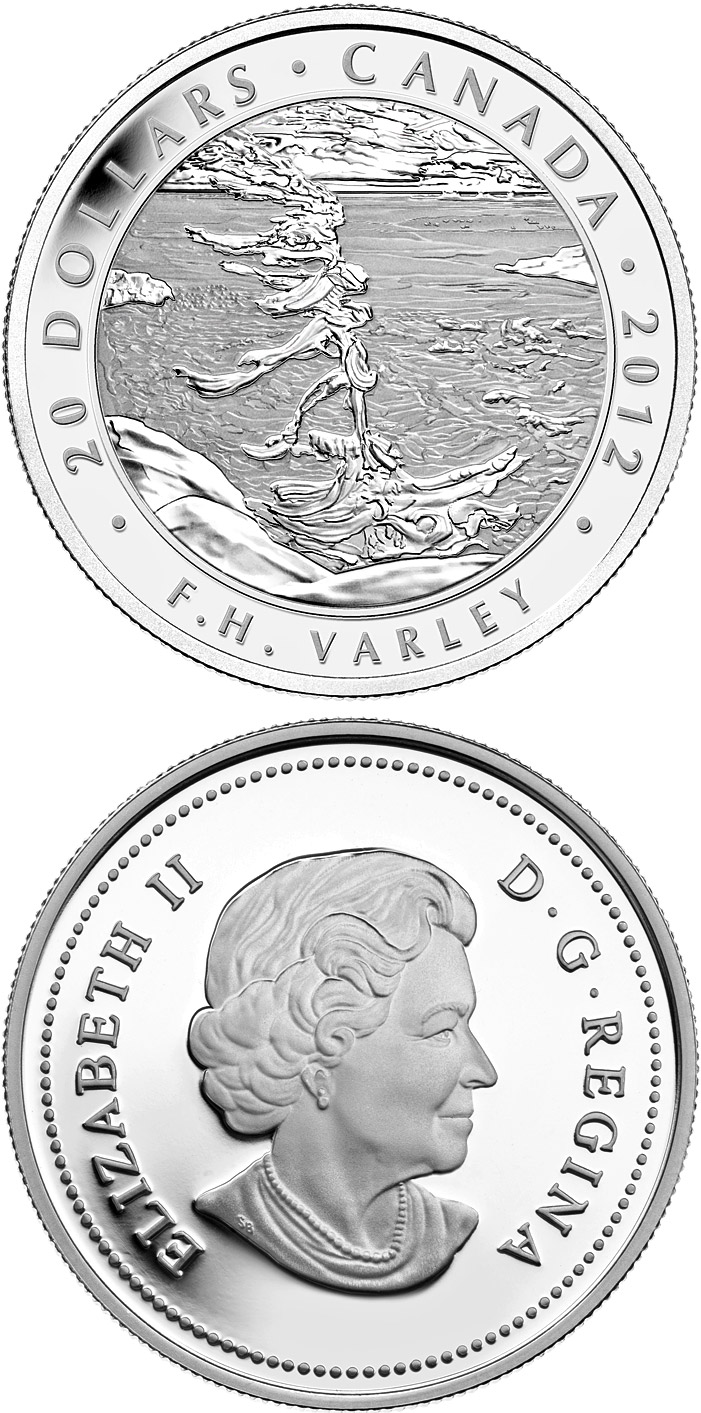 Image of 20 dollars coin - F. H. Varley: Stormy Weather, Georgian Bay  | Canada 2012.  The Silver coin is of Proof quality.