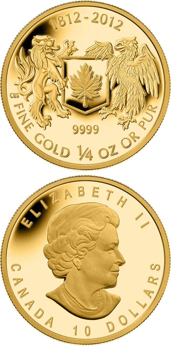 Image of 10 dollars coin - The War of 1812 | Canada 2012.  The Gold coin is of Proof quality.