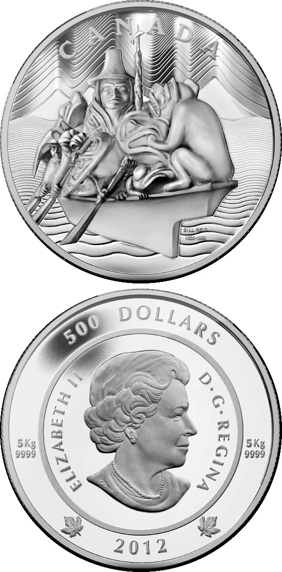 Image of 500 dollars coin - The Spirit of Haida Gwaii | Canada 2012.  The Silver coin is of Proof quality.