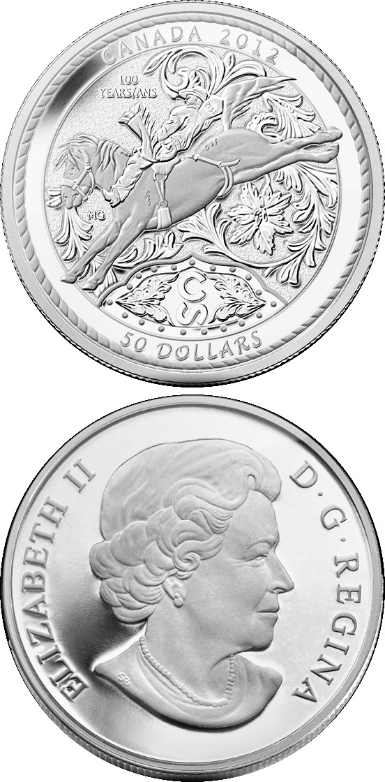 Image of 50 dollars coin - 100 Years of the Calgary Stampede | Canada 2012.  The Silver coin is of Proof quality.