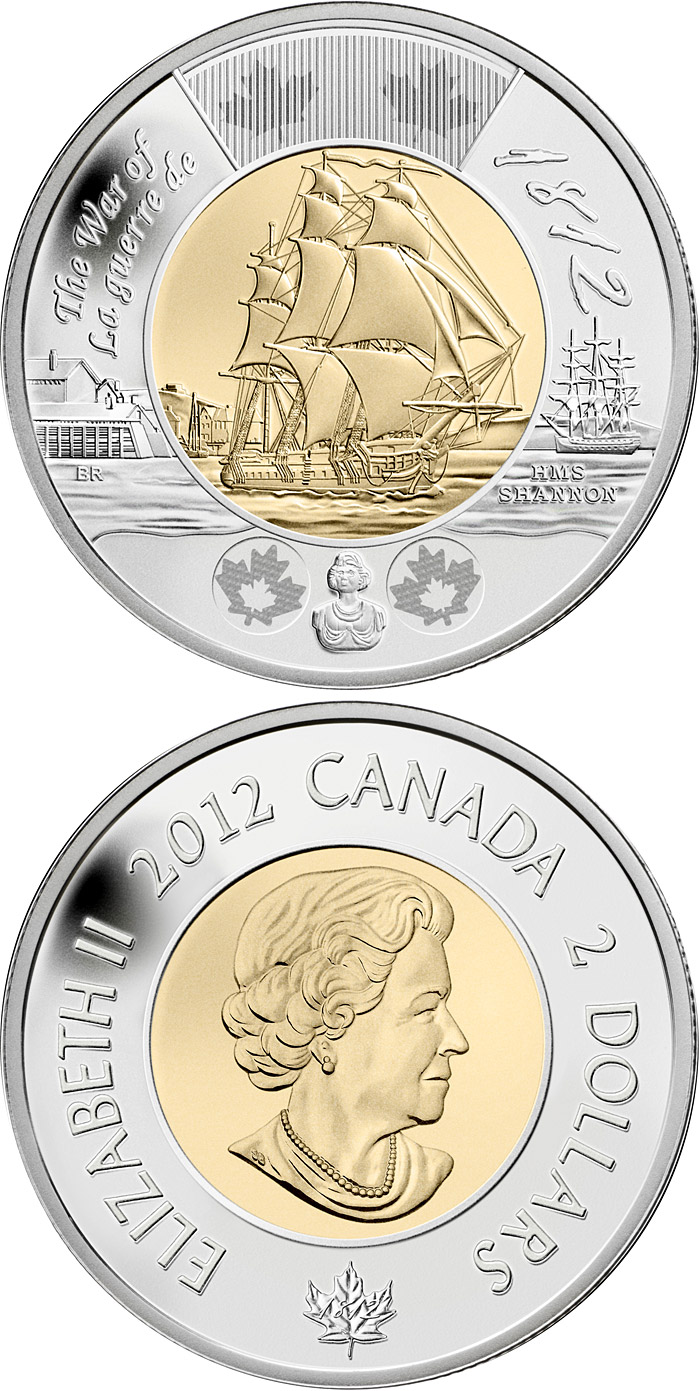 Image of 2 dollars coin - War of 1812: HMS Shannon | Canada 2012.  The Bimetal: CuNi, nordic gold coin is of UNC quality.