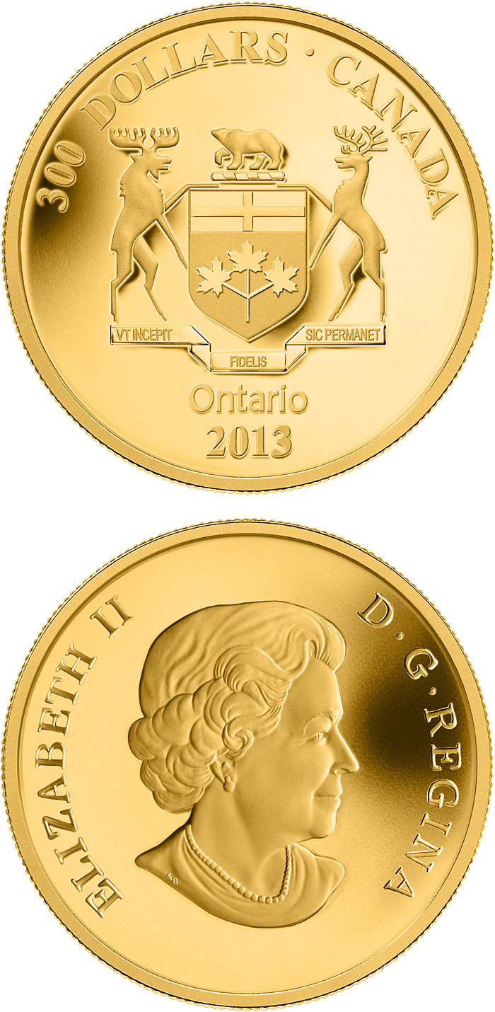 Image of 300 dollars coin - Ontario Coat of Arms | Canada 2013.  The Silver coin is of Proof quality.